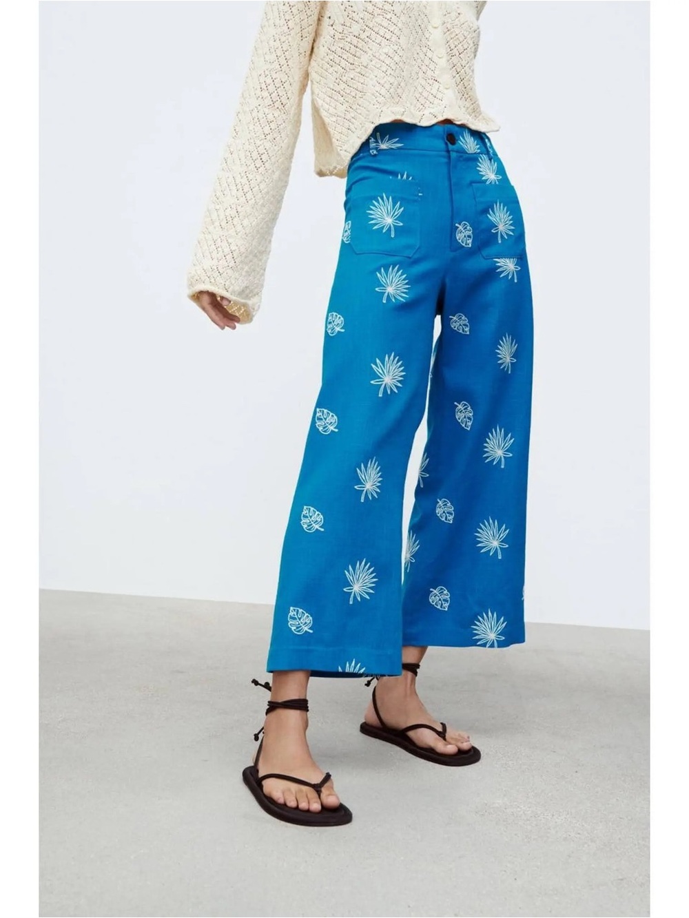 Zara Embroidered Palm Leaf Linen Blend Culotte Wide Leg Pants Blue Size L